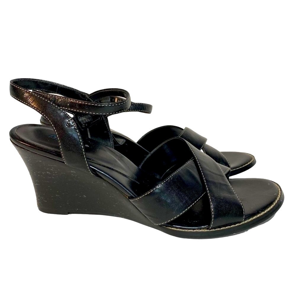 Nicole Black Leather Wedge Heel Sandal Size 7 1/2